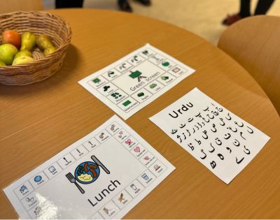 En bild som visar utskrivna lappar f?r spr?kst?d och bildst?d som anv?nds inom f?rskolan